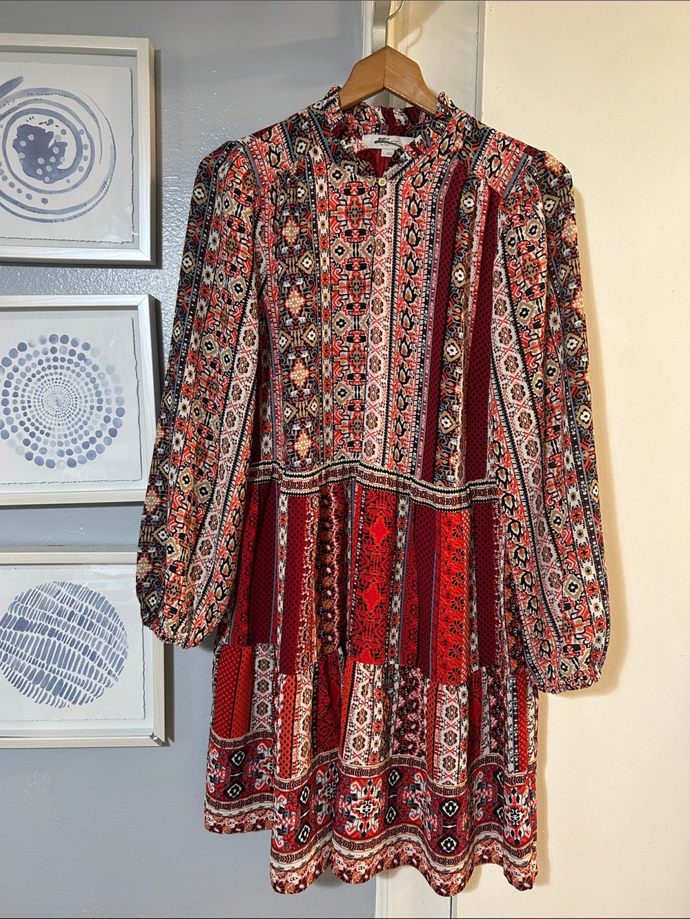 LOFT Women’s Size L Red Multi Patchwork Pattern Boho Long-Sleeve Dress